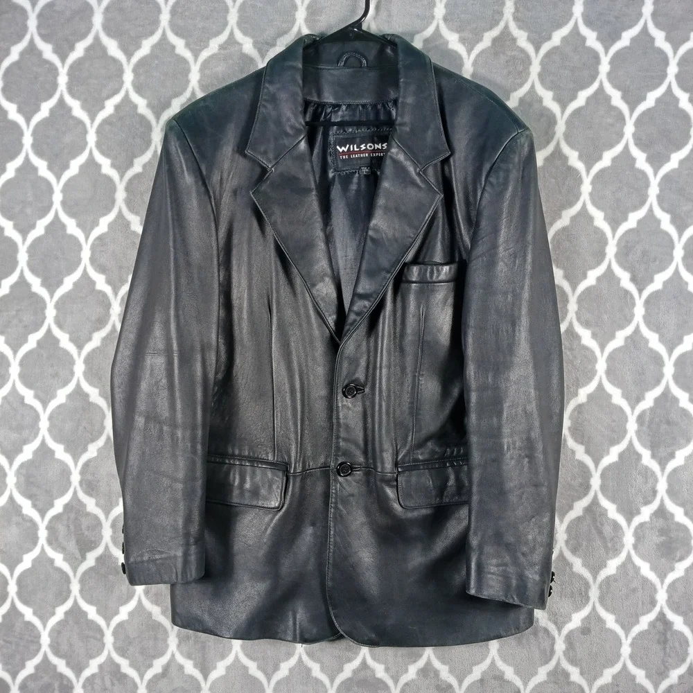 Wilsons Leather Blazer Jacket Men Large Black Notch Lapel Two Button Sport Coat